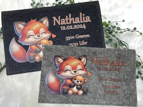 Personalisierte Windeltasche aus Filz mit niedlichem Fuchs-Motiv und Geburtsdaten