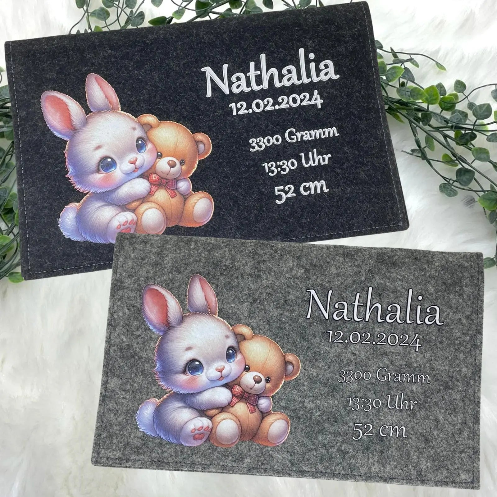 Wickeltasche für Babys mit Hase, Teddybär und persönlichen Geburtsangaben