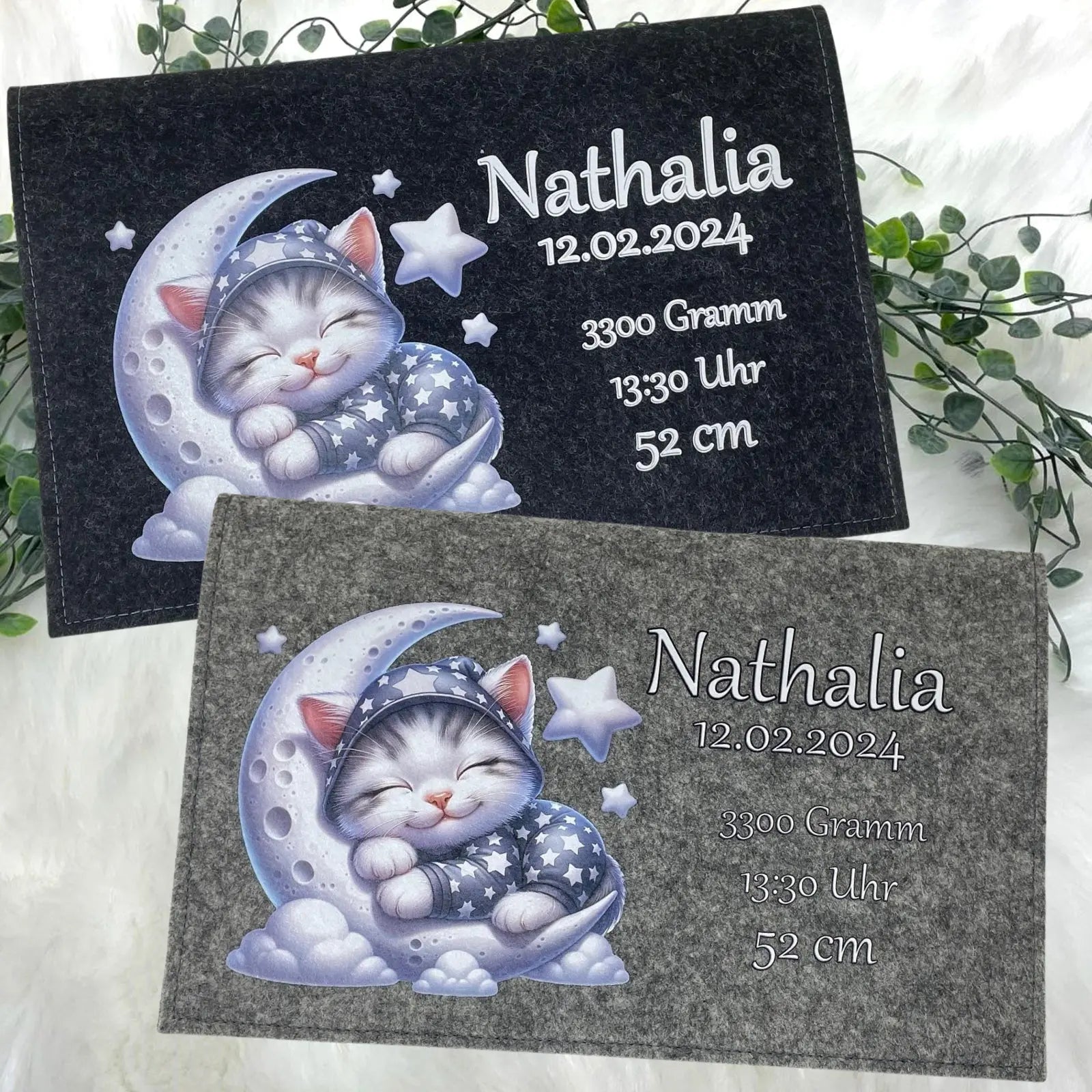 Personalisierte Filztasche mit Katze, Mond und Sternenhimmel – für Babys
