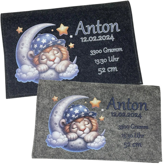 Nachtmotiv mit Löwenbaby und Sternen – Windeltasche mit Namen, Gewicht, Uhrzeit