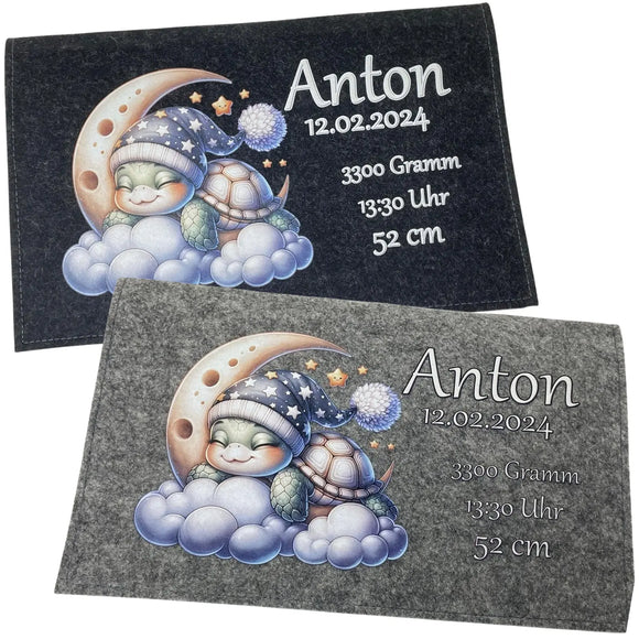 Filz-Wickeltasche mit Mond, Sternen, Baby-Schildkröte und personalisierter Aufschrift