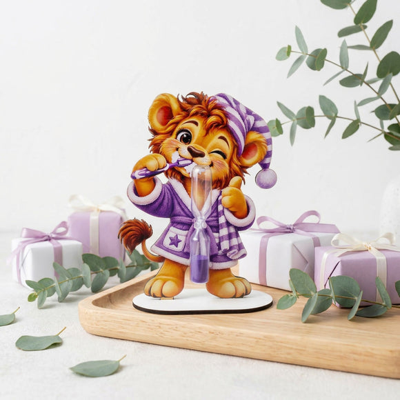 Geschenk für Mädchen mit Löwen Zahnputzuhr und lila Sanduhr