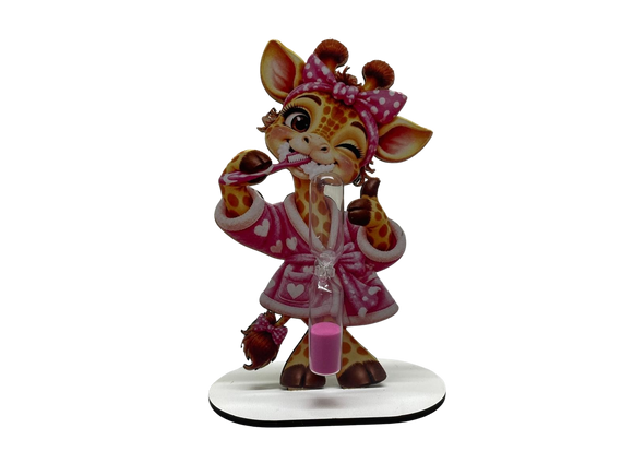 Zahnputzuhr Giraffe mit rosa Schleife und pinker Zahnbürste für Kinder