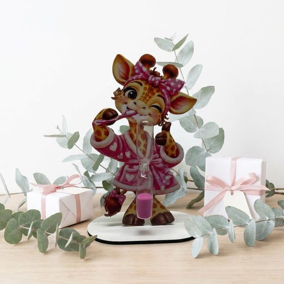 Zahnputz Timer Kinder mit Giraffe und rosa Bademantel mit weißen Herzen
