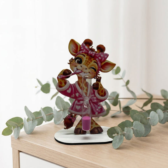 1. Zahnputzuhr Kinder Giraffe Rosa mit Zahnbürste und 15 cm hohem Aufsteller