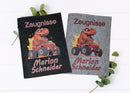 Dunkelgraue und hellgraue Zeugnismappe aus Filz mit rotem T-Rex auf Monstertruck und Name  personalisiert.