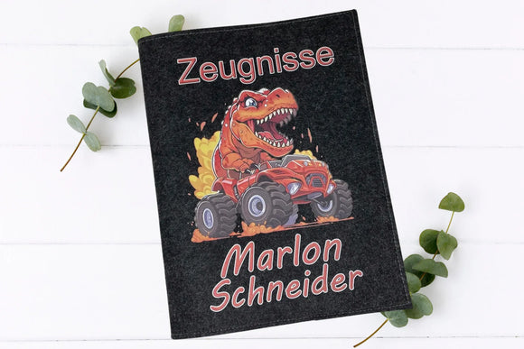 Personalisiertes Schulzeugnis-Etui für Kinder mit Namen  und coolen Dino im Auto.