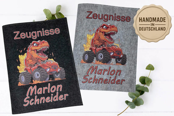 Individuell gestaltete Zeugnis-Hüllen mit gefährlich-lustigem T-Rex auf Reifenmonster, ideal für Schulanfänger.