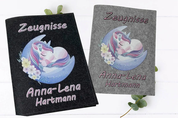 Einhorn-Zeugnismappe mit Mondmotiv und Blumenkranz – individuell bedruckt mit dem Namen