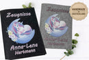 Einhorn-Zeugnismappen in Grau und Dunkelgrau mit romantischem Mondmotiv und Blumen – personalisiert mit Namensaufdruck.