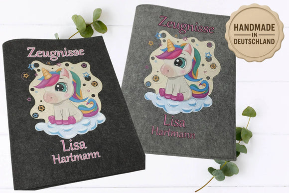 Individuell bedruckte Zeugnismappe mit süßem Einhorn und Namensaufdruck – ideal als Geschenk zur Einschulung
