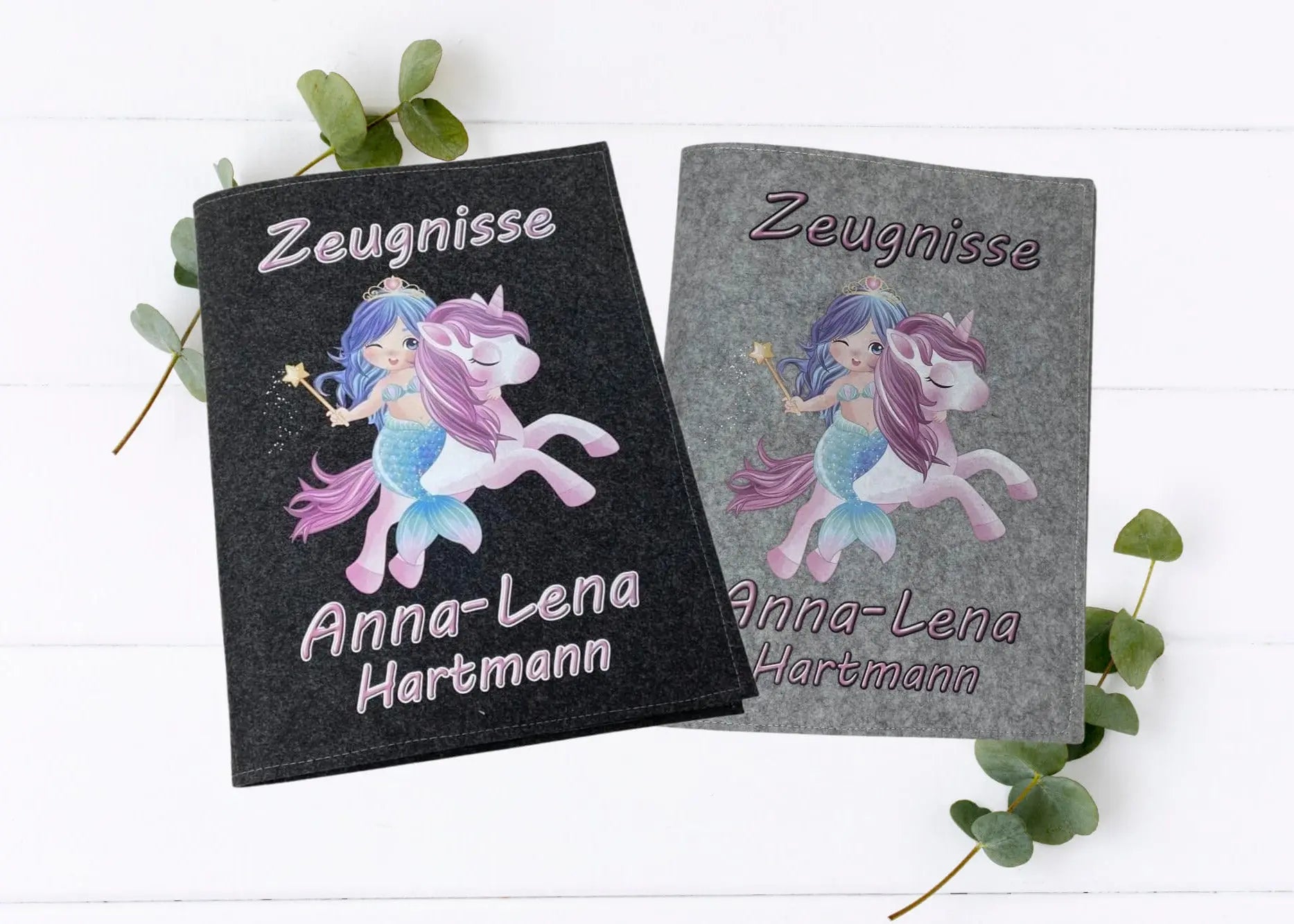 Zeugnismappe personalisiert mit Meerjungfrau und Einhorn auf Filz – Motiv für Mädchen
