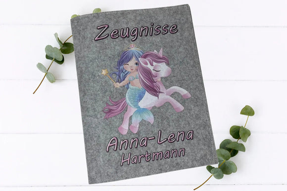Zeugnismappe Mädchen – Einhorn mit Meerjungfrau, individuelle Namensgravur