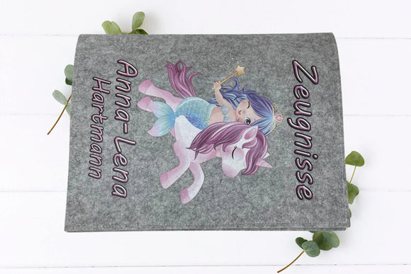 Hochwertige Zeugnismappe aus Filz, personalisiert – Meerjungfrau auf Einhorn-Design