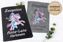 Magische Zeugnismappe für Mädchen mit Einhorn und Meerjungfrau auf grauem Filz