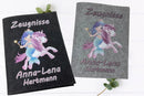 Personalisierte Filz-Zeugnismappe für Mädchen mit Meerjungfrau auf Einhorn in Lila und Blau