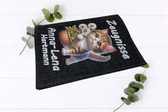 Zeugnismappe mit Kätzchen und Frühlingskorb – personalisiert mit Name 