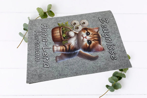 Katzen-Zeugnismappen für Mädchen – mit geflochtenem Korb, Blätterdeko und süßer Samtpfote.