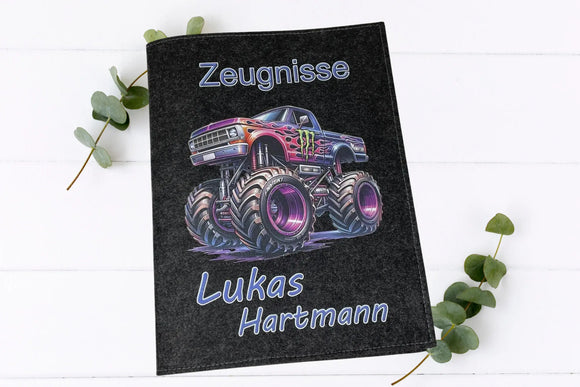 Zeugnismappe Monstertruck personalisiert mit violetten XXL-Reifen und Flammenlackierung, ideal für Grundschulkinder.