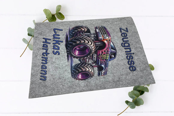 Monstertruck-Zeugnismappe mit violett-blauen Reifen und Flammen, inklusive Wunschnamen