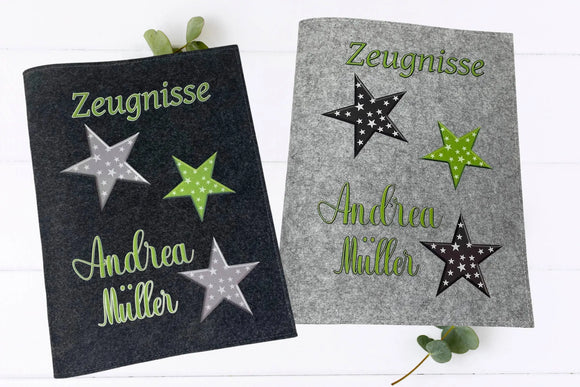 Zeugnismappe Sterne grün personalisiert – mit modernen Sternmotiven und individuellem Namen auf hochwertigem Filz.