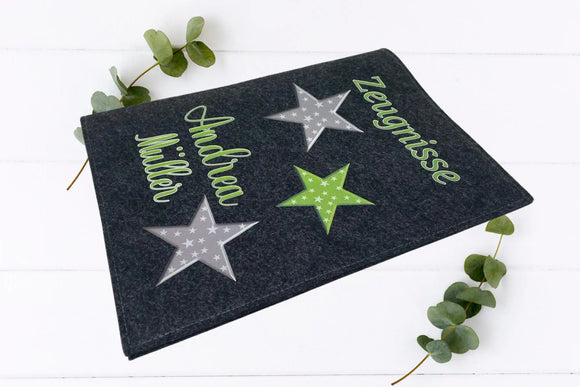Zeugnismappe mit auffälligem Stern-Design in Grün, Grau und Schwarz – personalisierbar mit Name