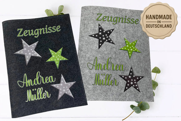 Personalisierte Zeugnismappen aus Filz mit grünen und grauen Sternen – modernes Design für Jungen und Mädchen.