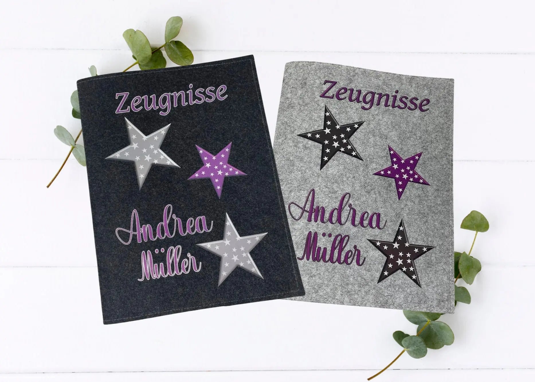 Zeugnismappe mit lila und grauen Sternen – personalisiert mit Namen