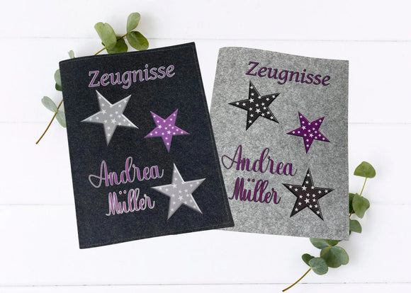 Zeugnismappe mit lila und grauen Sternen – personalisiert mit Namen