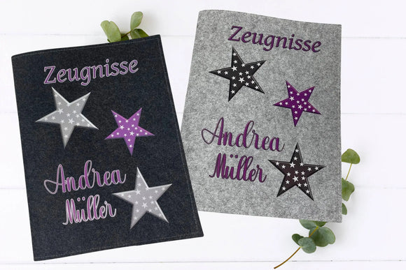 Zeugnismappe Mädchen mit Sternenmuster – auf Filz mit Wunschname