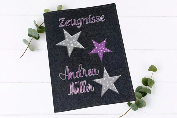 Zeugnismappe mit lila Sternen und Aufdruck