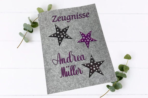 Zeugnismappe mit 3 Sternen in Lila, Schwarz und Grau