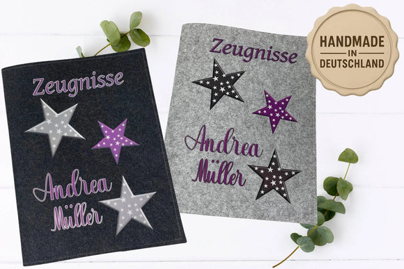 Zeugnismappe mit Sternen und lila Akzenten für Mädchen