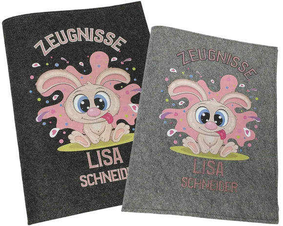 Zeugnismappe mit Namen - Mädchen und Jungen - Personalisiert Filz A4 Lustiger Hase - Dokumenten Urkunden Mappe Kinder - Hefter Zeugnisse - Sichtbuch Fadensalat-shop