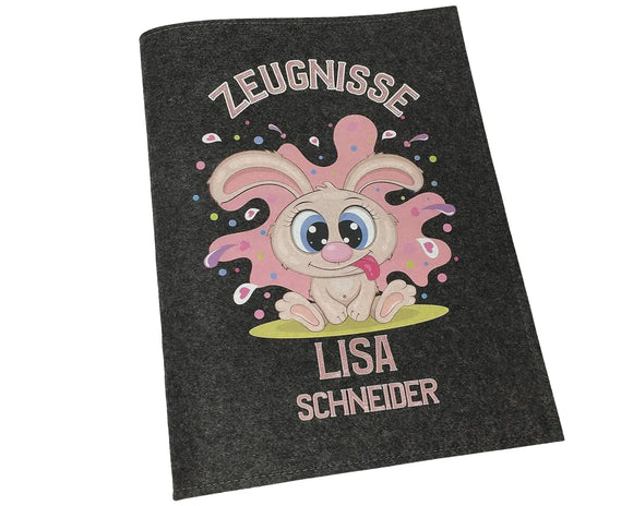 Zeugnismappe mit Namen - Mädchen und Jungen - Personalisiert Filz A4 Lustiger Hase - Dokumenten Urkunden Mappe Kinder - Hefter Zeugnisse - Sichtbuch Fadensalat-shop