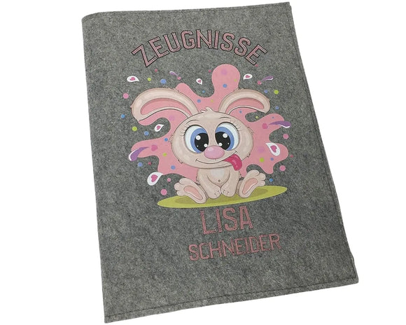 Zeugnismappe mit Namen - Mädchen und Jungen - Personalisiert Filz A4 Lustiger Hase - Dokumenten Urkunden Mappe Kinder - Hefter Zeugnisse - Sichtbuch Fadensalat-shop