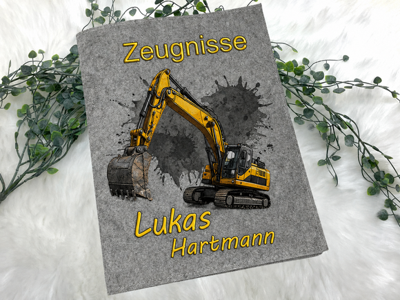 Filz Zeugnishülle mit Namen und Bagger Design für Schulkinder