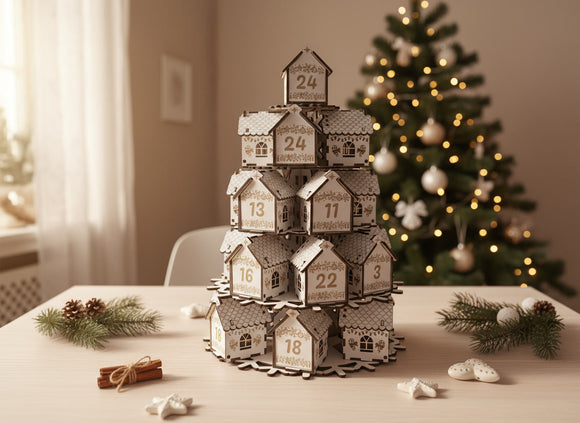 Befüllbarer Adventskalender Holz im Häuschen-Design mit Zahlen