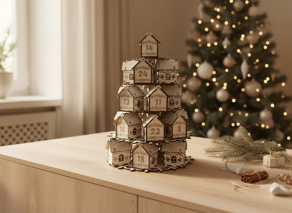 Festlicher Holz Adventskalender mit kleinen nummerierten Häuschen