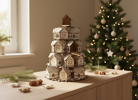 Adventskalender Häuschen aus Holz in neutraler skandinavischer Einrichtung