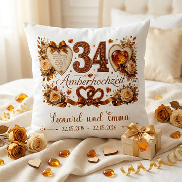 Geschenk Amberhochzeit – personalisiertes Kissen mit Namen und Datum zum 34. Hochzeitstag