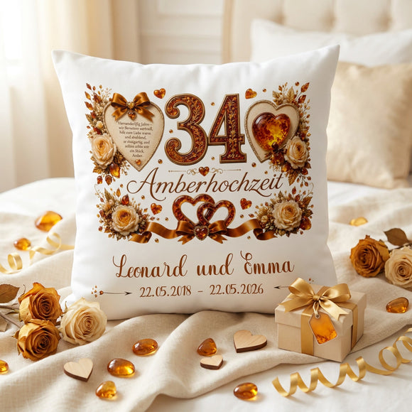Geschenk Amberhochzeit – personalisiertes Kissen mit Namen und Datum zum 34. Hochzeitstag