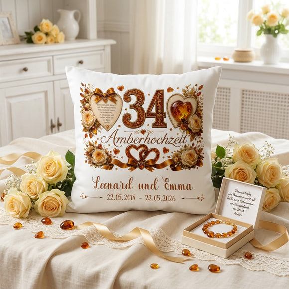 Geschenk 34. Hochzeitstag – personalisiertes Kissen zur Amberhochzeit mit Namen und Datum