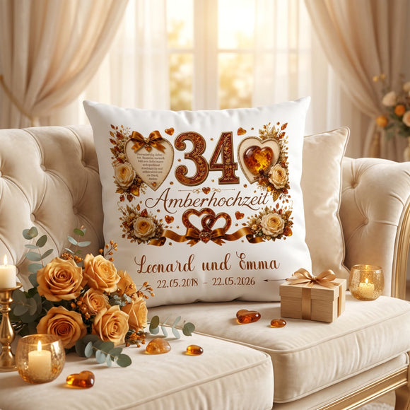 Geschenk Amberhochzeit – personalisiertes Kissen mit Namen und Datum