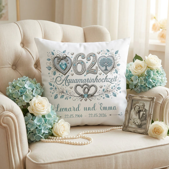 Geschenk Aquamarinhochzeit personalisiertes Kissen zum 62. Hochzeitstag