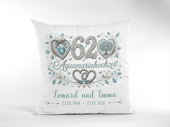 Aquamarinhochzeit Kissen mit Namen und Hochzeitsdatum für 62 Jahre Ehe
