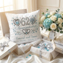 Kissen zur Aquamarinhochzeit mit Herzen Lebensbaum und Namen