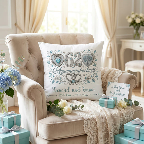 Geschenk Aquamarinhochzeit personalisiertes Kissen