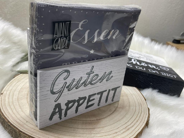 Serviettenhalter mit spruch Holz |Servietten ständer aufbewahrung servietten | Mitbringsel zur Einladung | Geschenkidee gartenparty essen geschenk |Einladung essen Geschenke