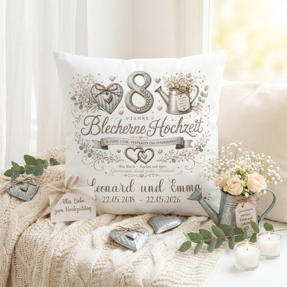 Dekokissen zur Blechernen Hochzeit mit individueller Namensgestaltung